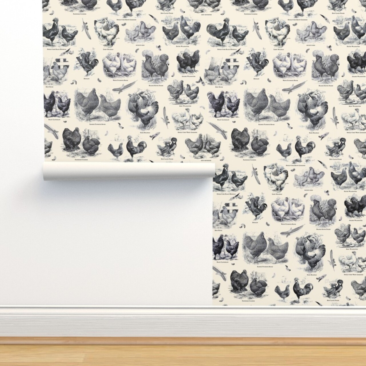 Poultry Cream Black Toile Vintage Antique Victorian Historical Chicken Custom Pre-pasted Wallpaper by Spoonflower Pre-Pasted Wallpaper 2FT Wide